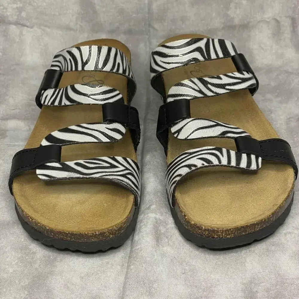 Bos. & Co. Luzzi Leather Sandal BLACK/ZEBRA SLIP-ON women's size 6 (37) slides - Picture 2 of 8